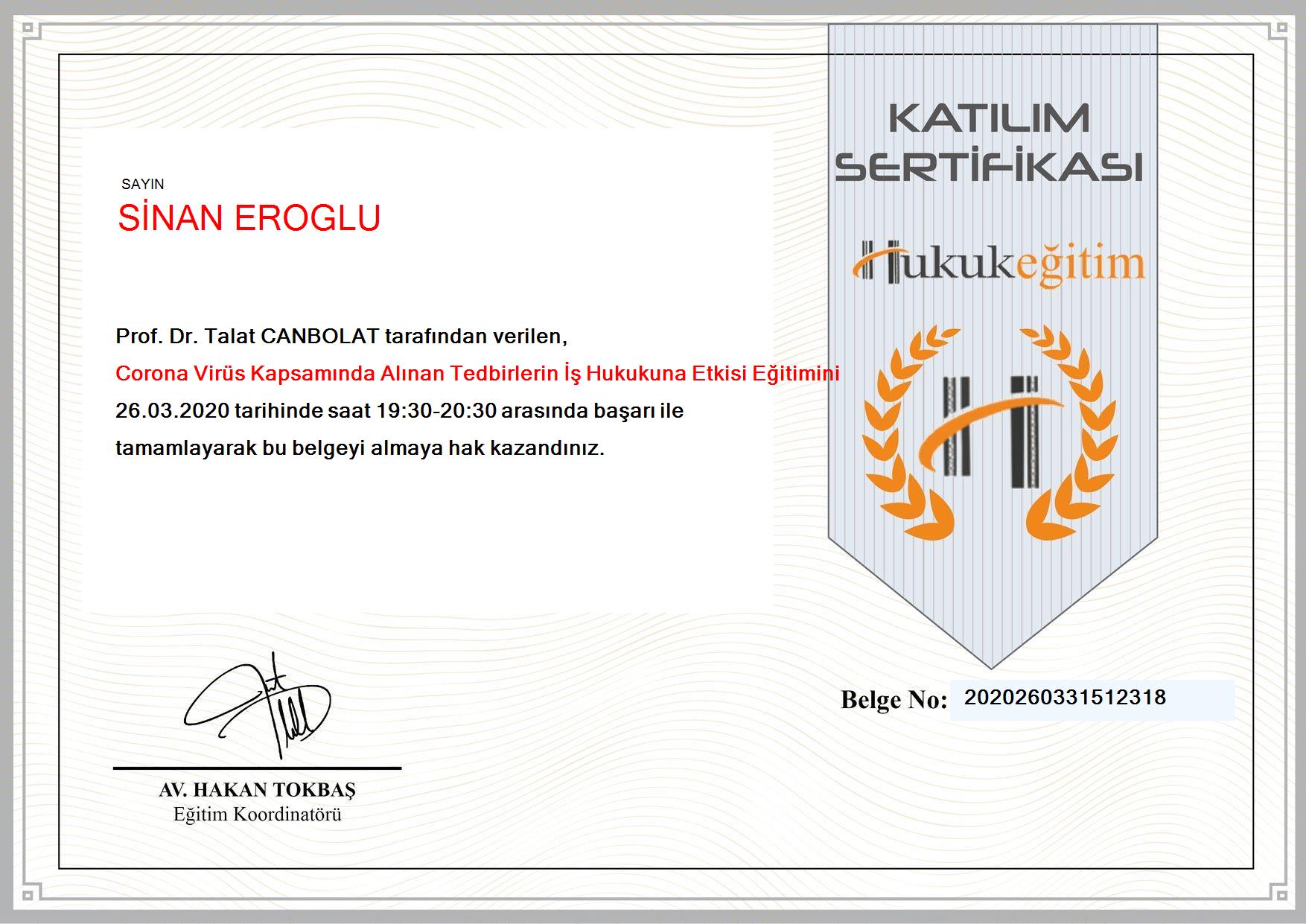 Sinan eroğlu sertifika