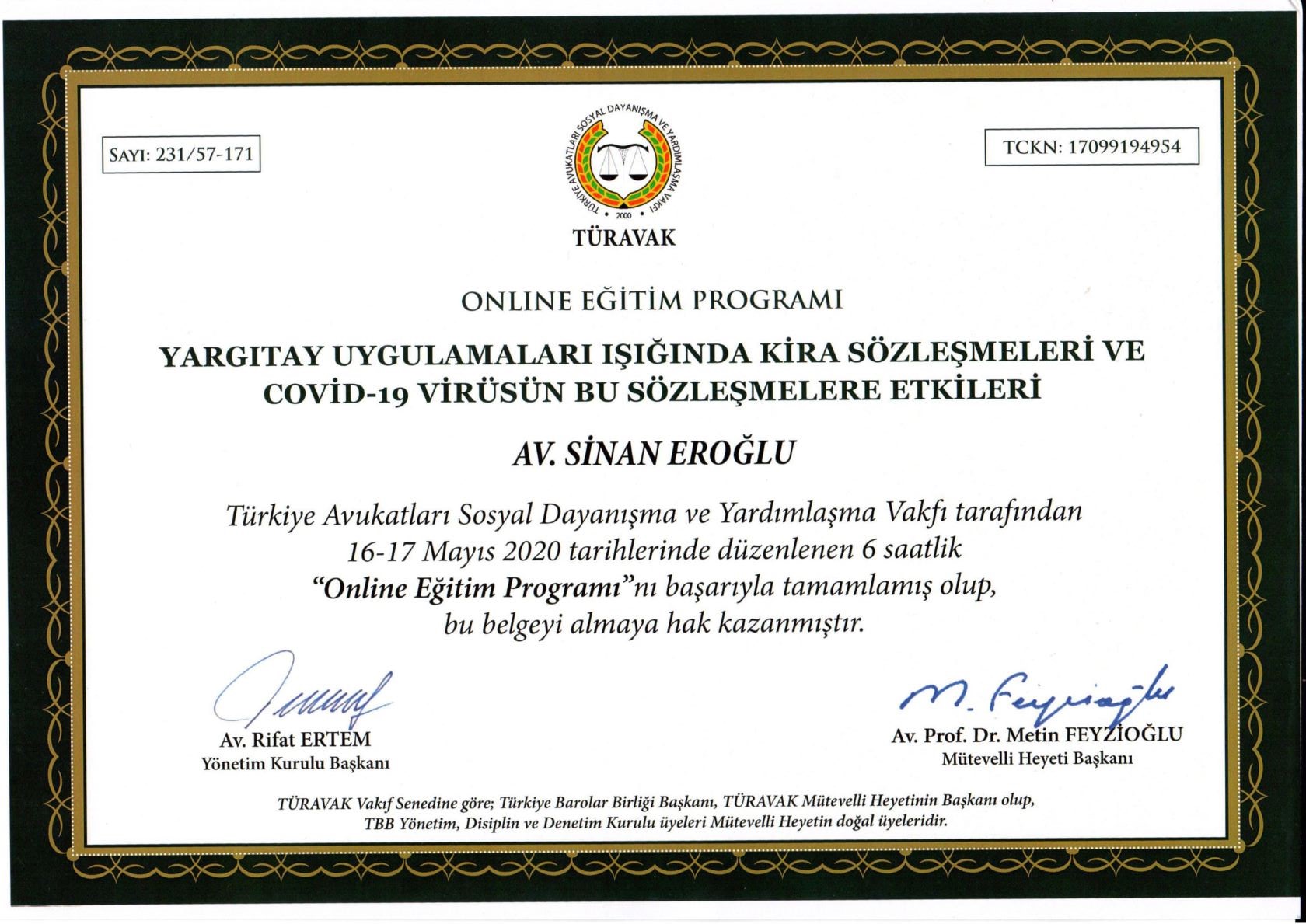 Sinan eroğlu sertifika